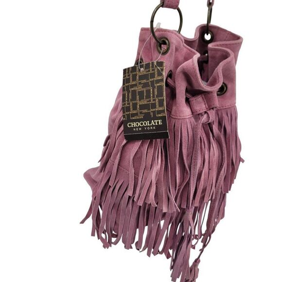 Chocolate New York Crossbody Hobo Bucket Bag Pink Suede Leather Fringe Boho - Picture 7 of 13